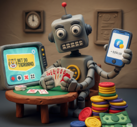 Robozinho estilo claymation segurando cartas de baralho, fichas de poquer e um celular com dinheiro de fintech. À sua frente, uma tela escrito "bet do tigrinho". O futuro parece sombrio.